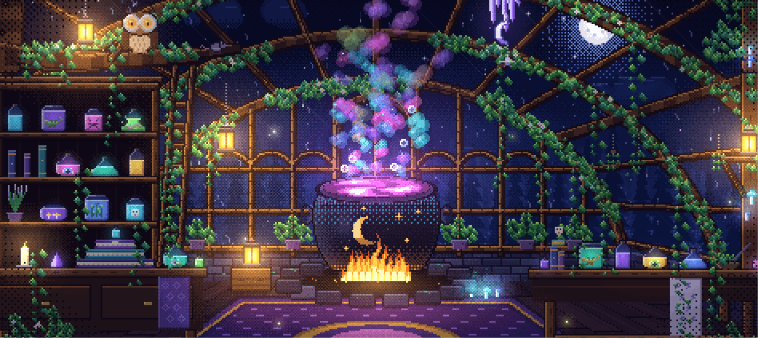 The Witch’s Greenhouse — Cozy Pixel Art Live Wallpaper